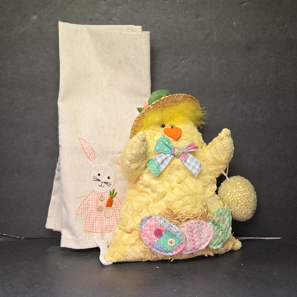 Chenille Easter Duck Door Stop With Bunny Kitchen Towel.